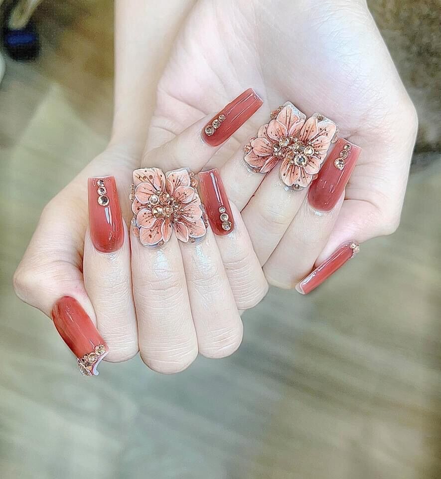 Nailbox/ Bộ 24 móng úp tay thiết kế sẵn màu hồng thạch phối hoa bột