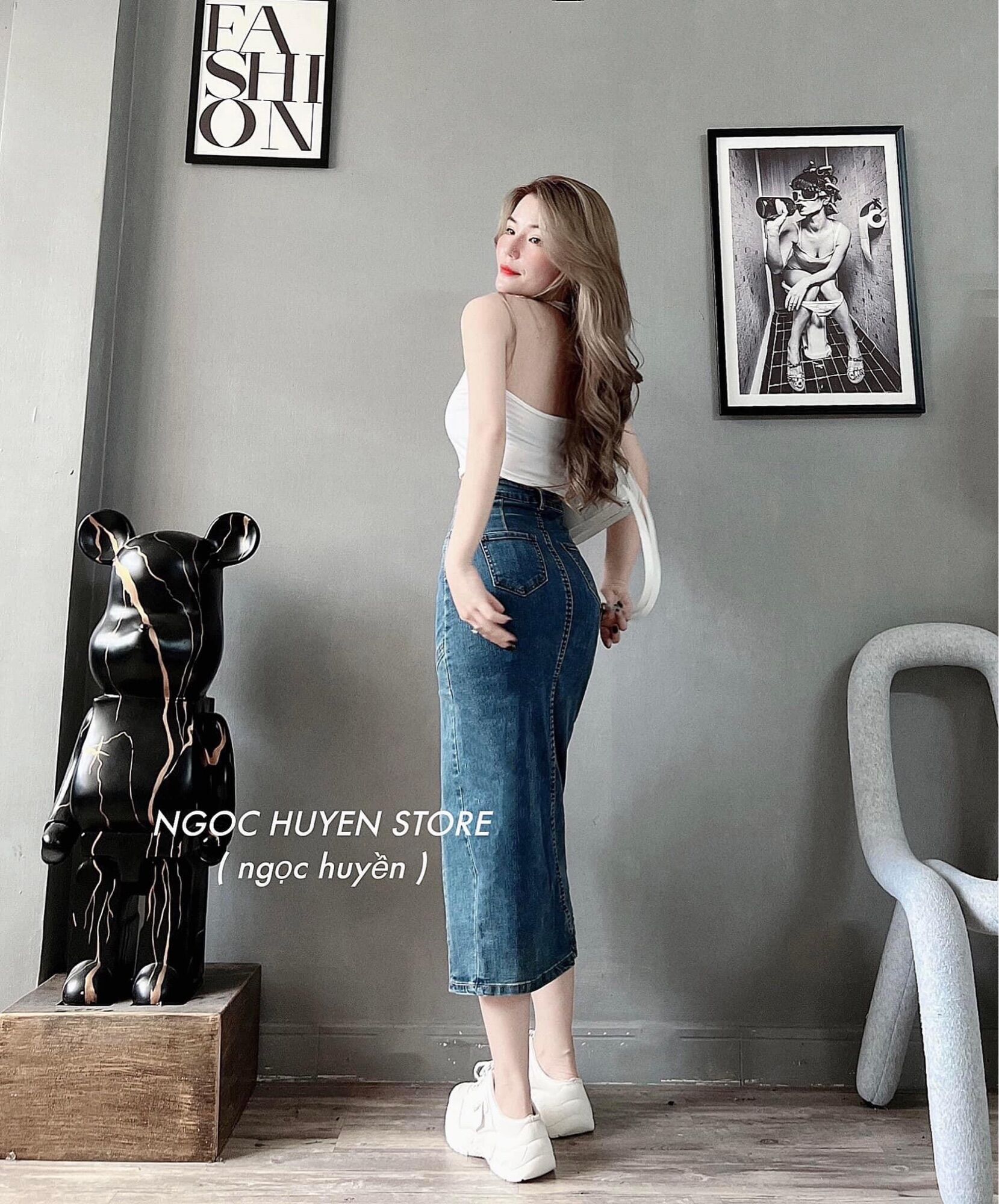 Ảnh thật (Chân váy jean áng dài co giãn xẻ gối)