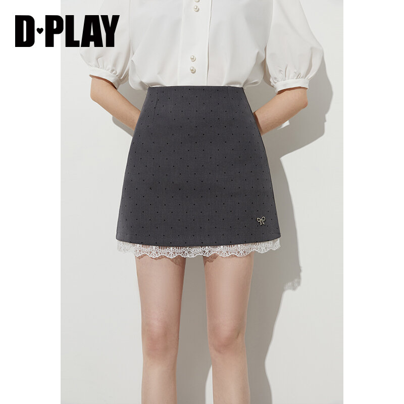 D-PLAY | Váy Ngắn Xếp Ly Ren Kẻ Caro Dplay Màu Xám Cho Nữ Mùa Xuân 2025 Váy Chữ a Cạp Cao Váy Ngắn N