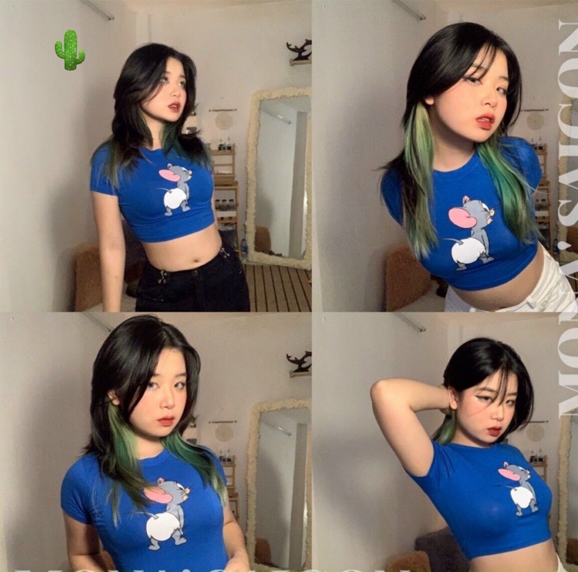 Áo croptop màu xanh in con tuột mít ki