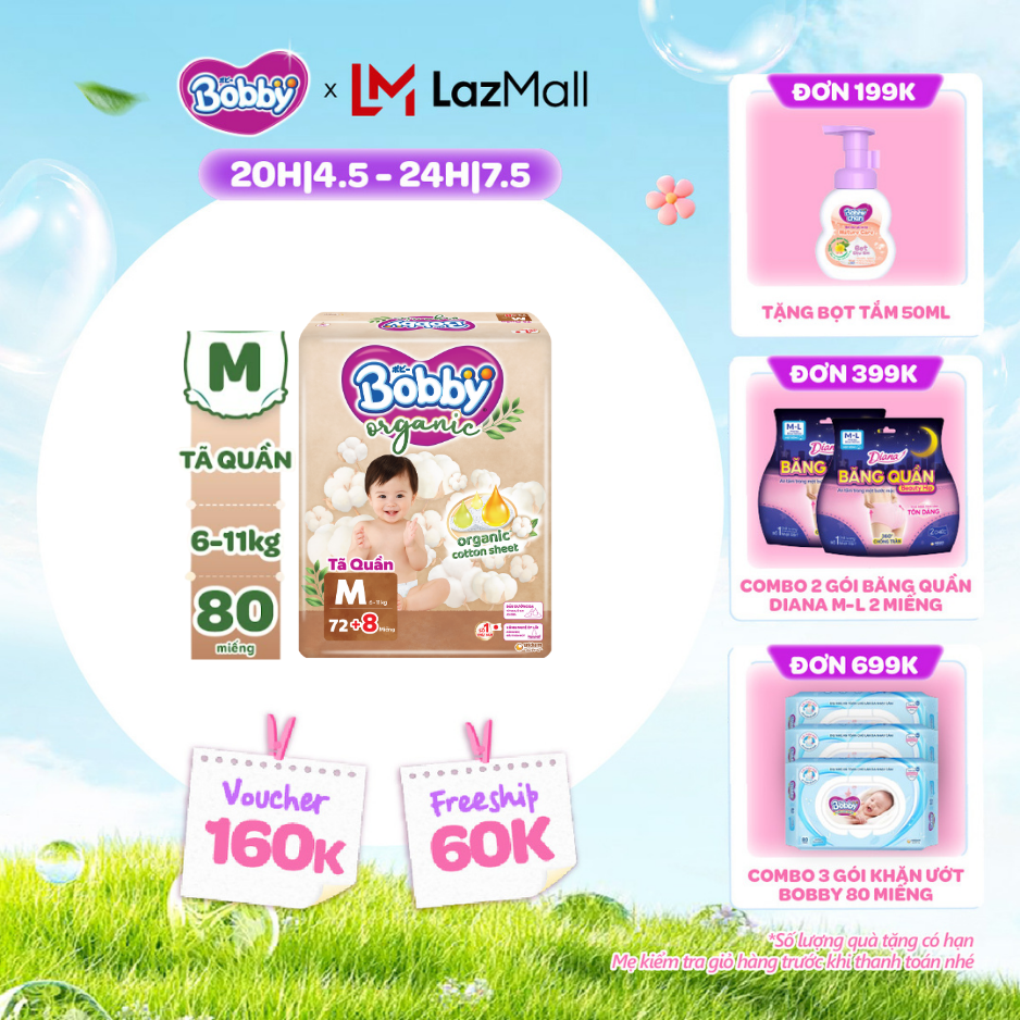 [CHỈ 20h 04-07.05 QT Đơn 899K/1199K][MỚI RA MẮT] [TẶNG KÈM 8 MIẾNG] Tã quần cao cấp Bobby Organic chăm sóc dịu nhẹ từ thiên nhiên M72