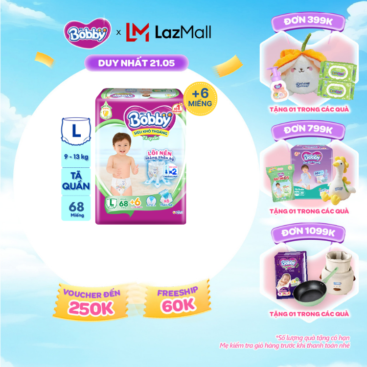 [SALE CUỐI THÁNG tặng QUÀ TO-SLCH]Tã/bỉm quần Bobby Ultra Jumbo 3mm Siêu khô thoáng L70