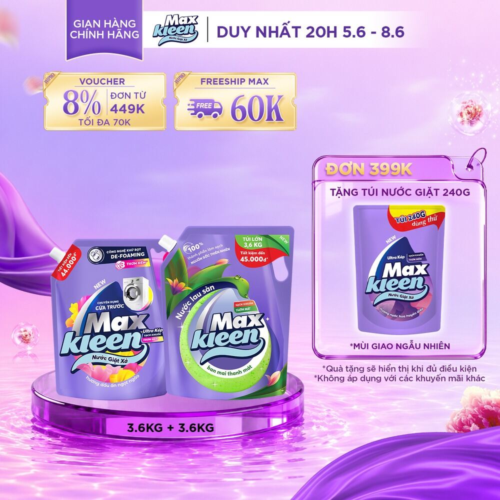 Combo Túi nước giặt xả cửa trước hương Dấu ấn ngọt ngào 3.6kg + Túi lau sàn 3.6kg