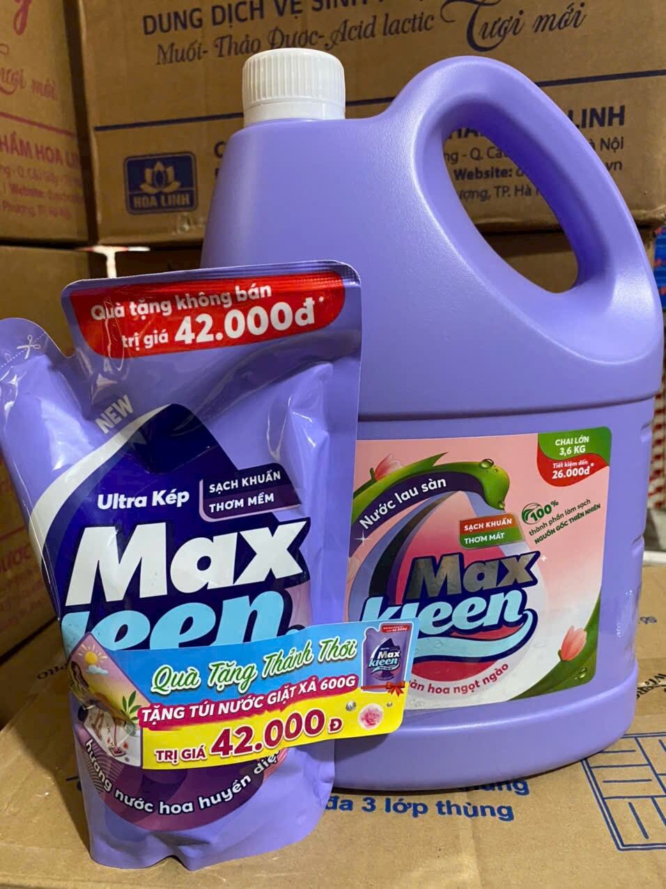 Nước lau sàn nhà Maxkleen can 3,6KG siêu tiết kiệm tặng kèm 1 gói nước giặt xả 600G hương thơm ban mai dịu mát và hương ngàn hoa ngọt ngào