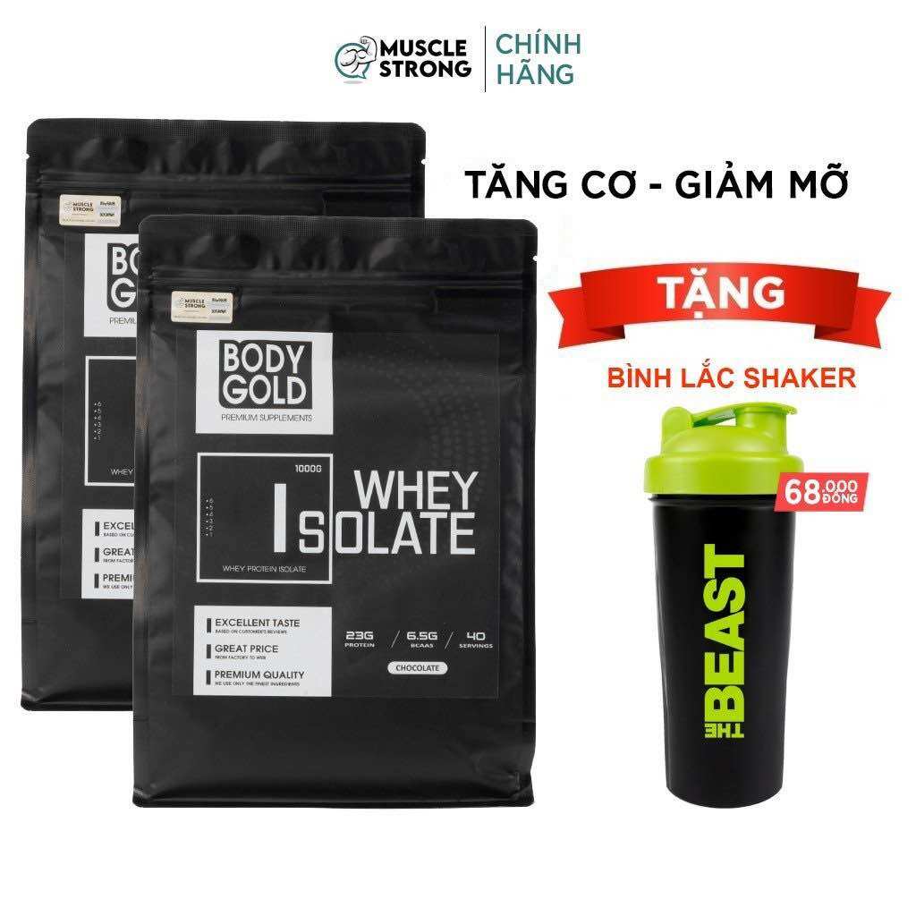 ( Combo 2 túi + Bình Lắc)Sữa Tăng Cơ - Giảm Mỡ - Whey Protein Isolate BodyGold túi 1kg