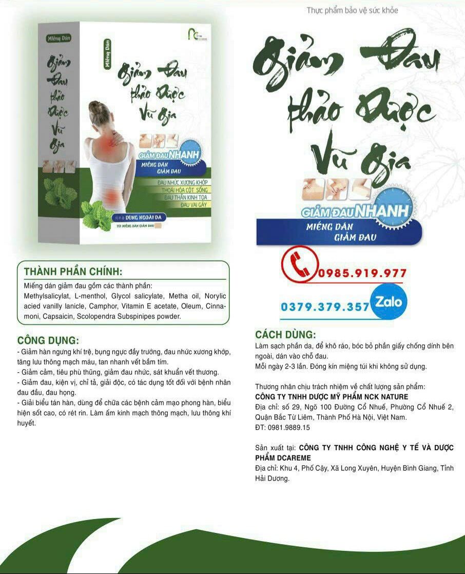 Miếng dán giảm đau VŨ GIA (bịch 2 miếng)