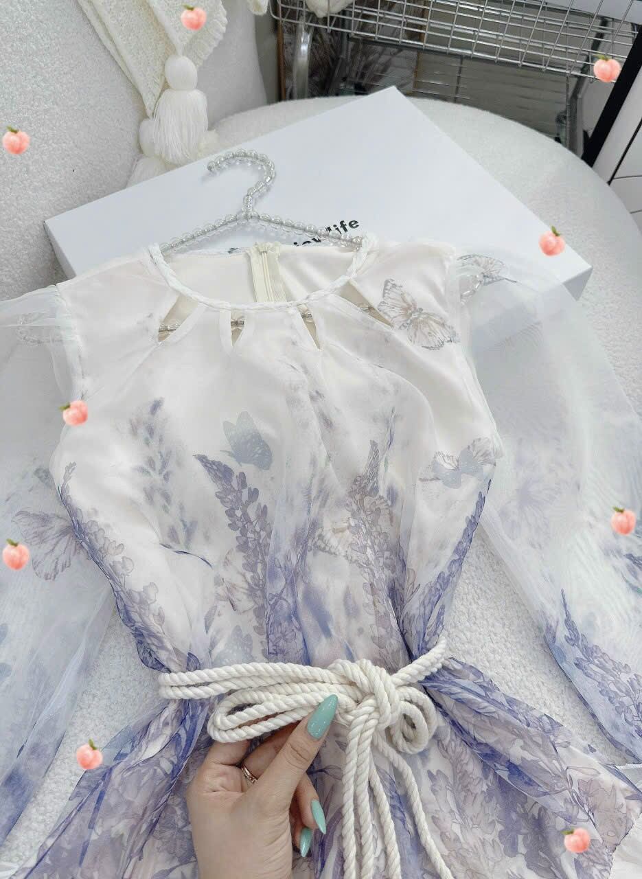 ĐẦM MAXI HOA BƯỚM TÍM KÈM DÂY THẮT LƯNG