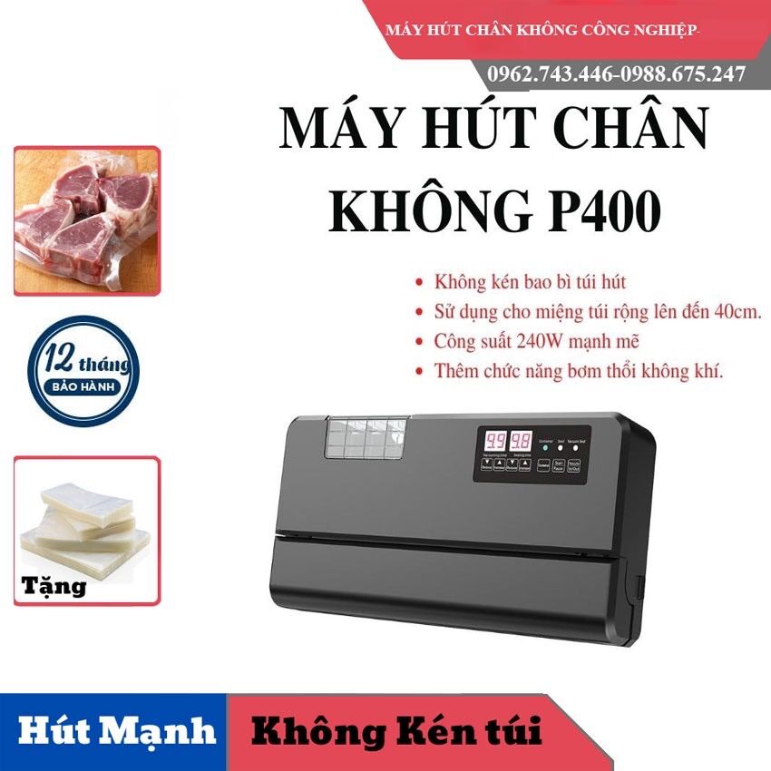 Máy hút chân không thực phẩm bán công nghiệp P400 - Hàng cao cấp, không kén túi, hút mọi bao bì, sử dụng liên tục 24h, đường hàn miệng túi 40cm, mối hàn 8mm giúp hàn kín miệng túi