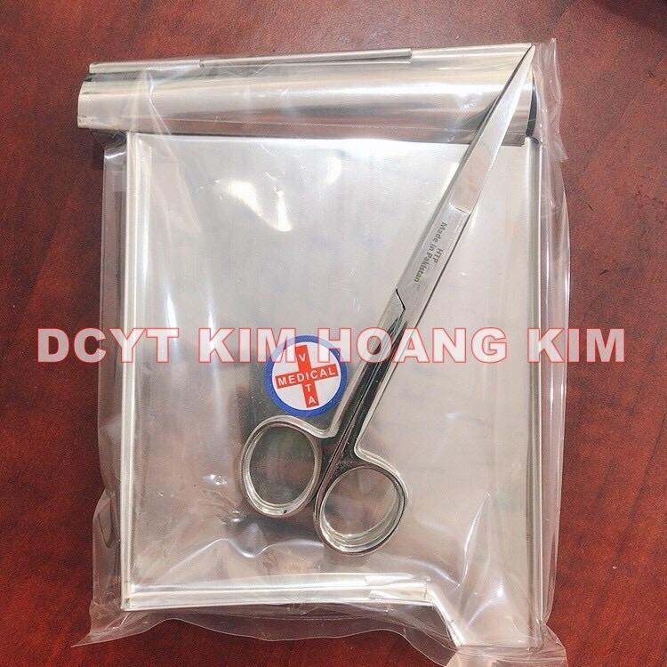 Khay inox đếm cắt thuốc /khay inox chia phân liều thuốc cỡ lớn/nhỏ +Kéo y tế thẳng 2 đầu nhọn 14cm
