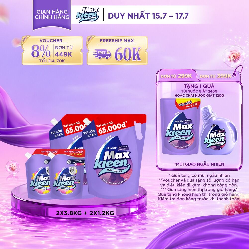 [Tặng túi 1kg2] Combo 2 Túi Nước Giặt Xả MaxKleen Hương Huyền Diệu 3.8kg