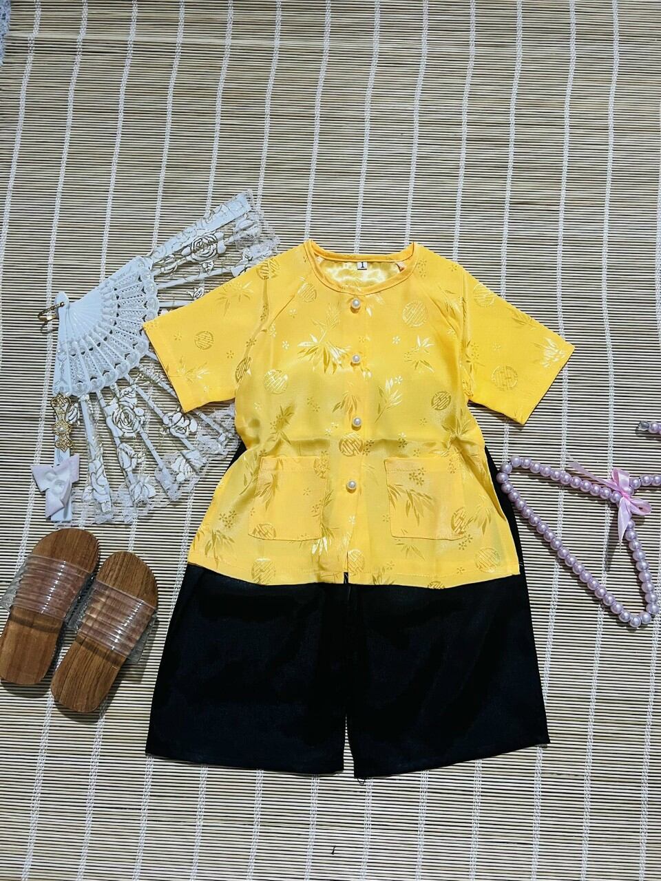 (8-35kg) Bamboo Leaf Brocade Three-Piece Set for Baby Girls