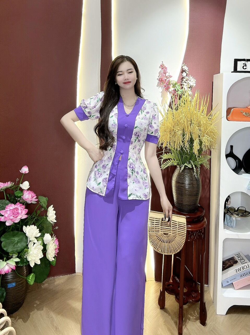 Bộ bà ba cổ tim tay phồng búp / Sét bà ba cổ tim