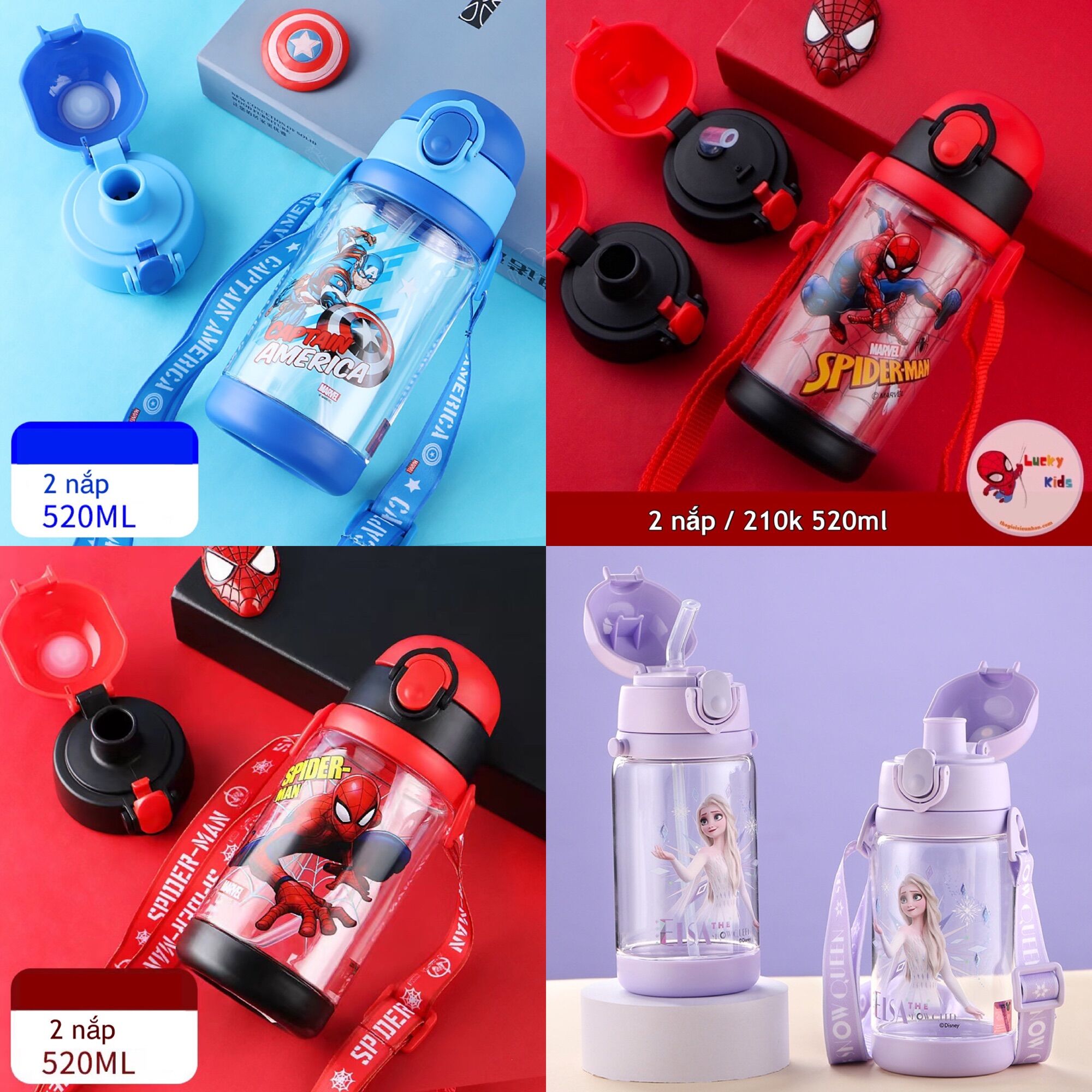 BÌNH NƯỚC SIÊU NHÂN NHỆN ELSA 520ml nhiều mẫu