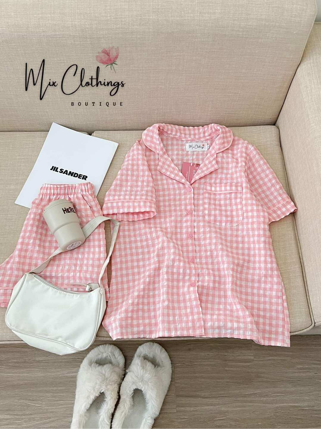 Sét bộ đùi pyjama kẻ xốp cổ vét