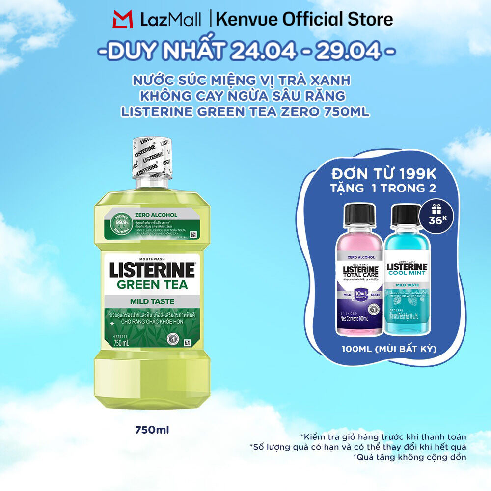 Nước Súc Miệng Ngừa Sâu Răng Vị Trà Xanh Không Cay Listerine Green Tea Zero Alcohol - Dung tích 750ml -  HSD T4/2026