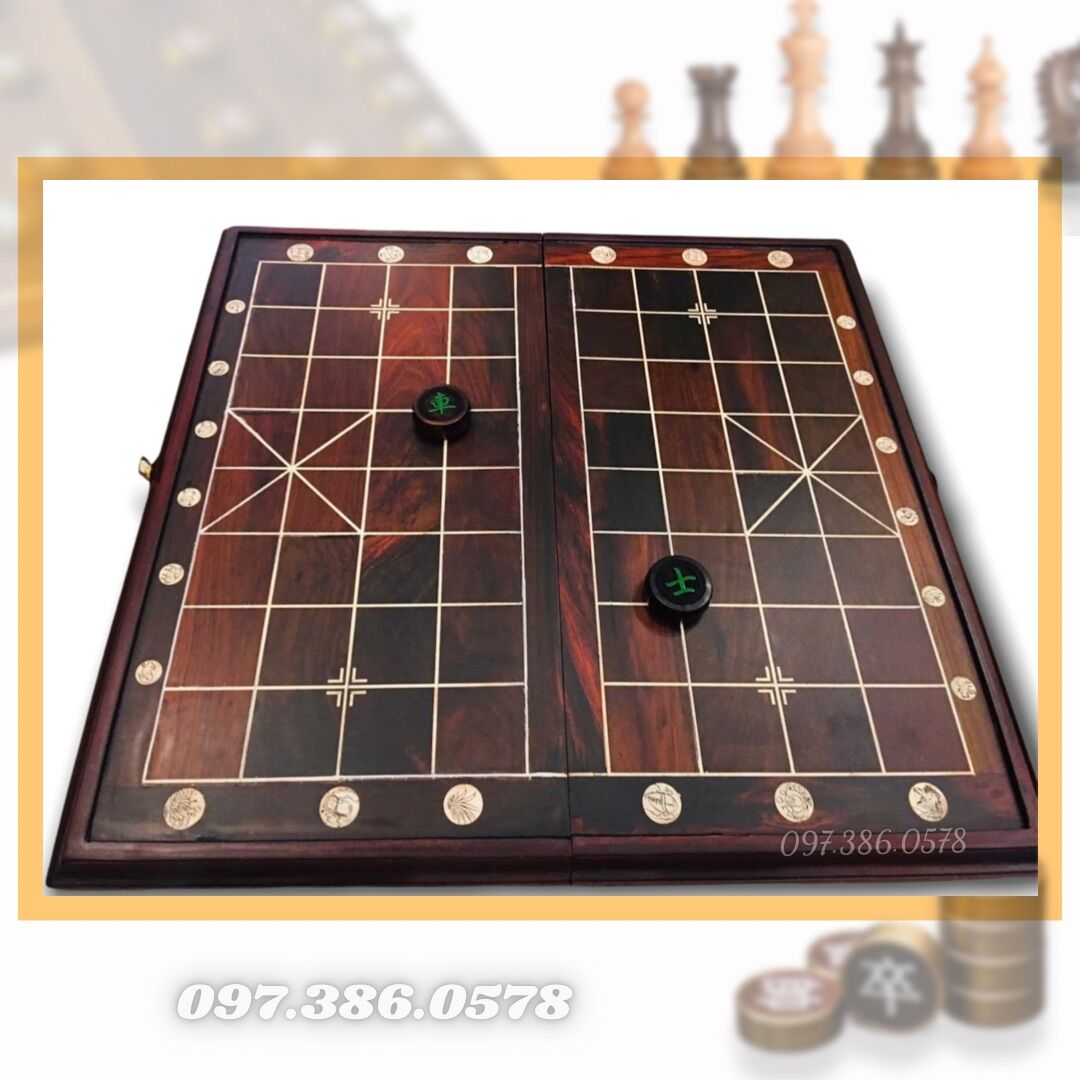 Bàn cờ tướng gỗ trắc đỏ đen bàn gấp đôi ngăn đựng quân cờ