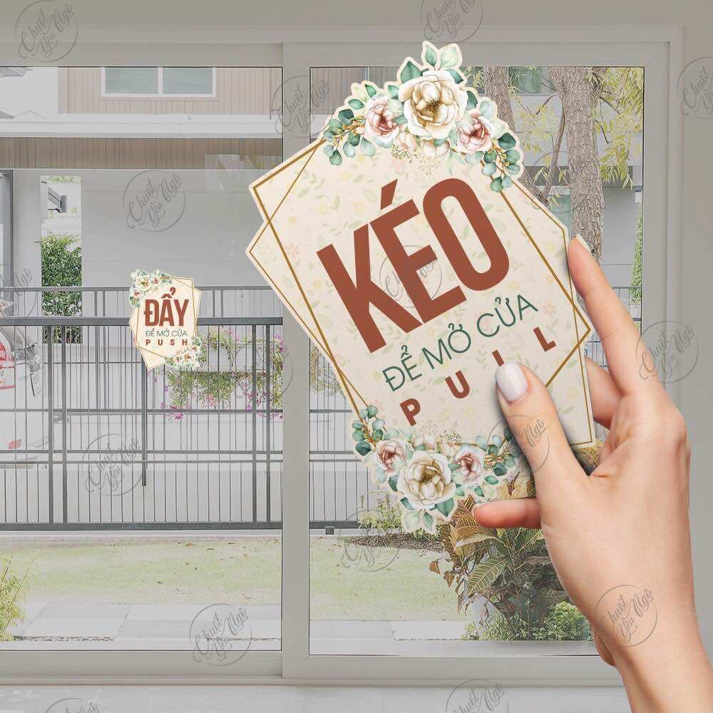 Set combo 2 biển báo "ĐẨY - KÉO Cửa Ra Vào PULL - PUSH, CỬA KÍNH ( Hoa Hồng )