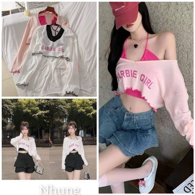 Set Áo Croptop Chạy Viền In Chữ Barbie Áo Yếm Nữ Dài Tay Kèm Áo Trong 2 Màu Freesize Sexy, HAI MÀU XINH G8