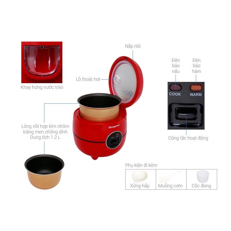 Nồi cơm điện Kangaroo 1.2 lít KG822 đỏ