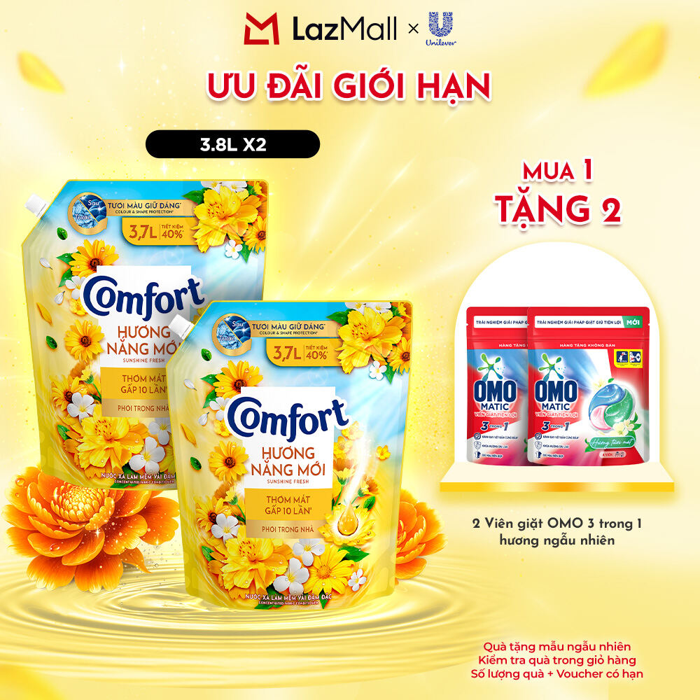 Combo 2 Nước Xả Vải Comfort Hương Nắng Mới Thơm Mát Gấp 10 Lần Túi 3.7L (bao bì tùy lô nhập hàng)