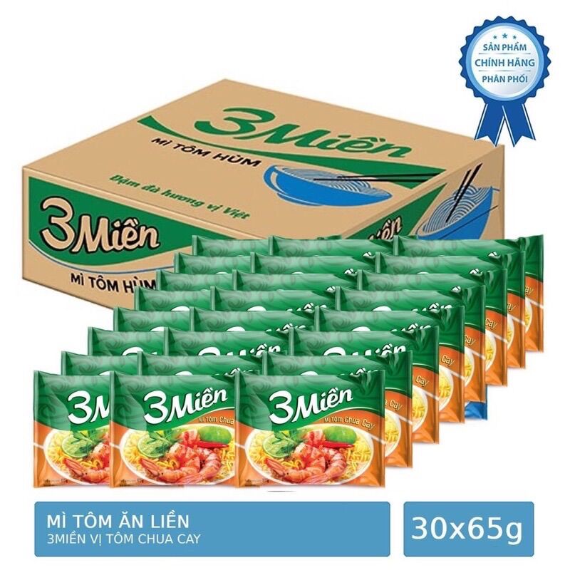 Mì 3 miền tôm chua cay thùng 30 gói x 65g và 3 miền gold