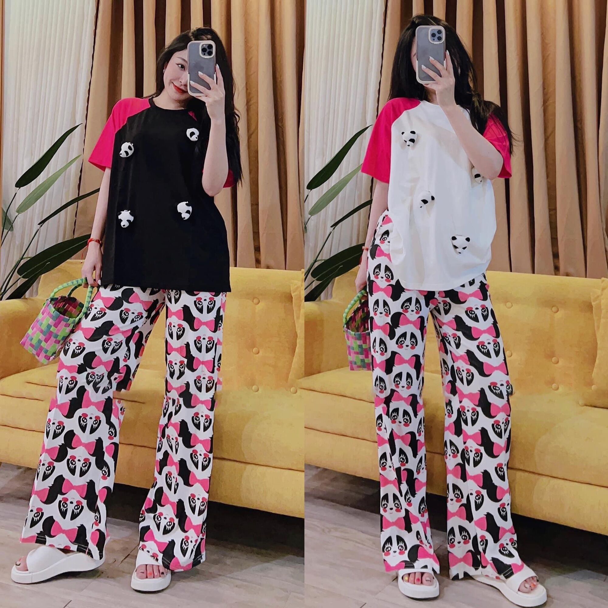 Set áo cotton phối tay Hồng đính gấu trúc quần suông gân T4