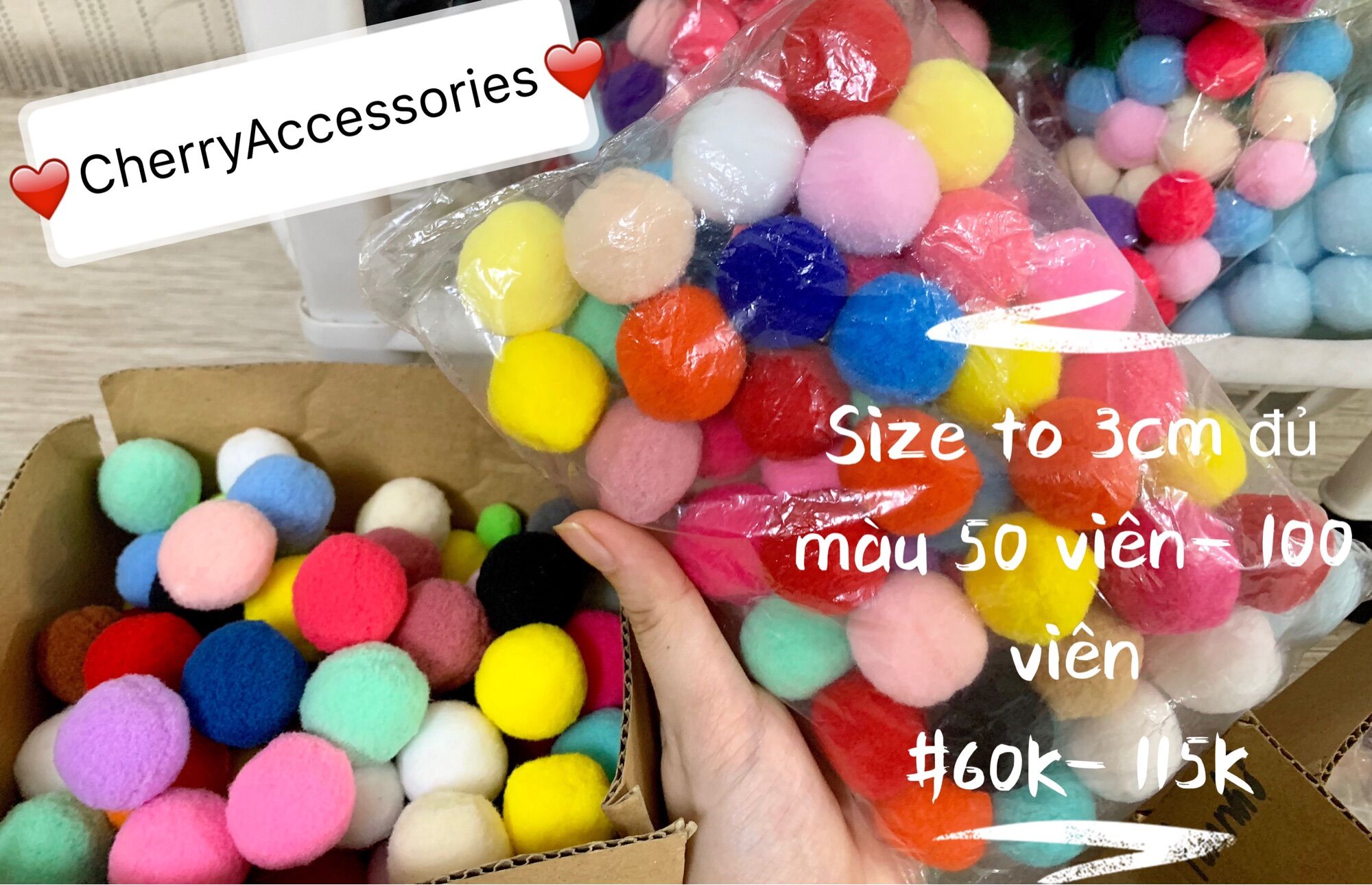 Combo cục bông pompom đủ màu đủ size