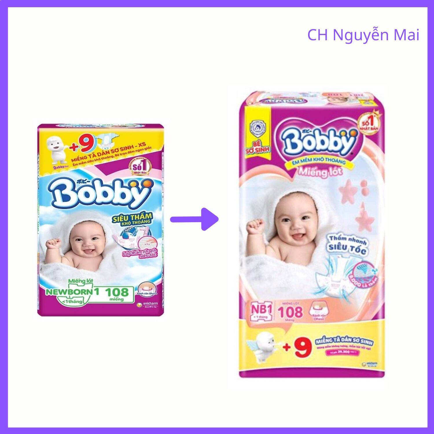 [Tặng 9 Miếng XS] Miếng Lót Siêu Thấm Bobby Newborn 1 - 108 Miếng (Dưới 5kg)