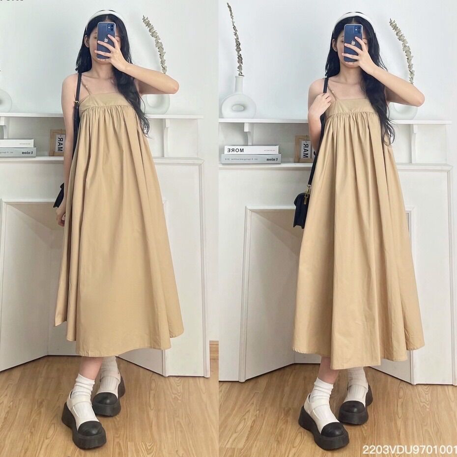 Đầm hai dây maxi vải lụa baby doll - D007