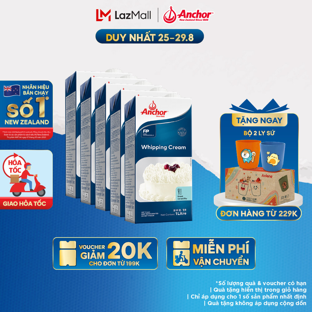Combo 5 Kem sữa tươi tiệt trùng Anchor Whipping cream hộp 1 lít