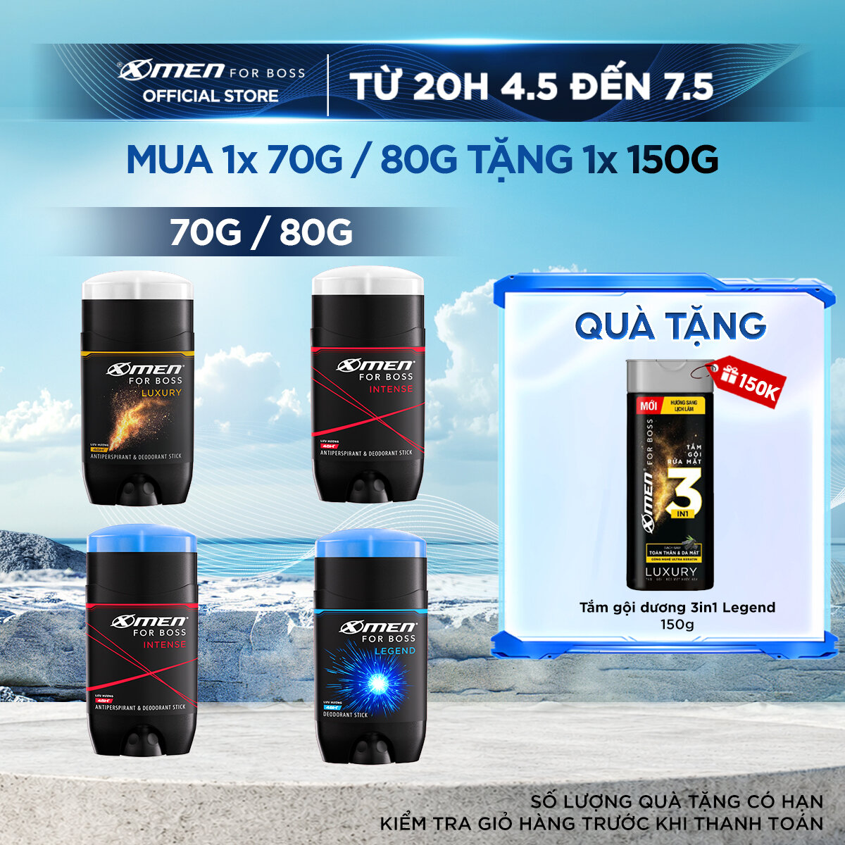 [MUA 1 TẶNG 1] Sáp Khử Mùi Xmen For Boss 70g/80g + Tặng Tắm Gội Rửa Mặt 3in1 150gx1 - Sáp Thơm Châu Âu