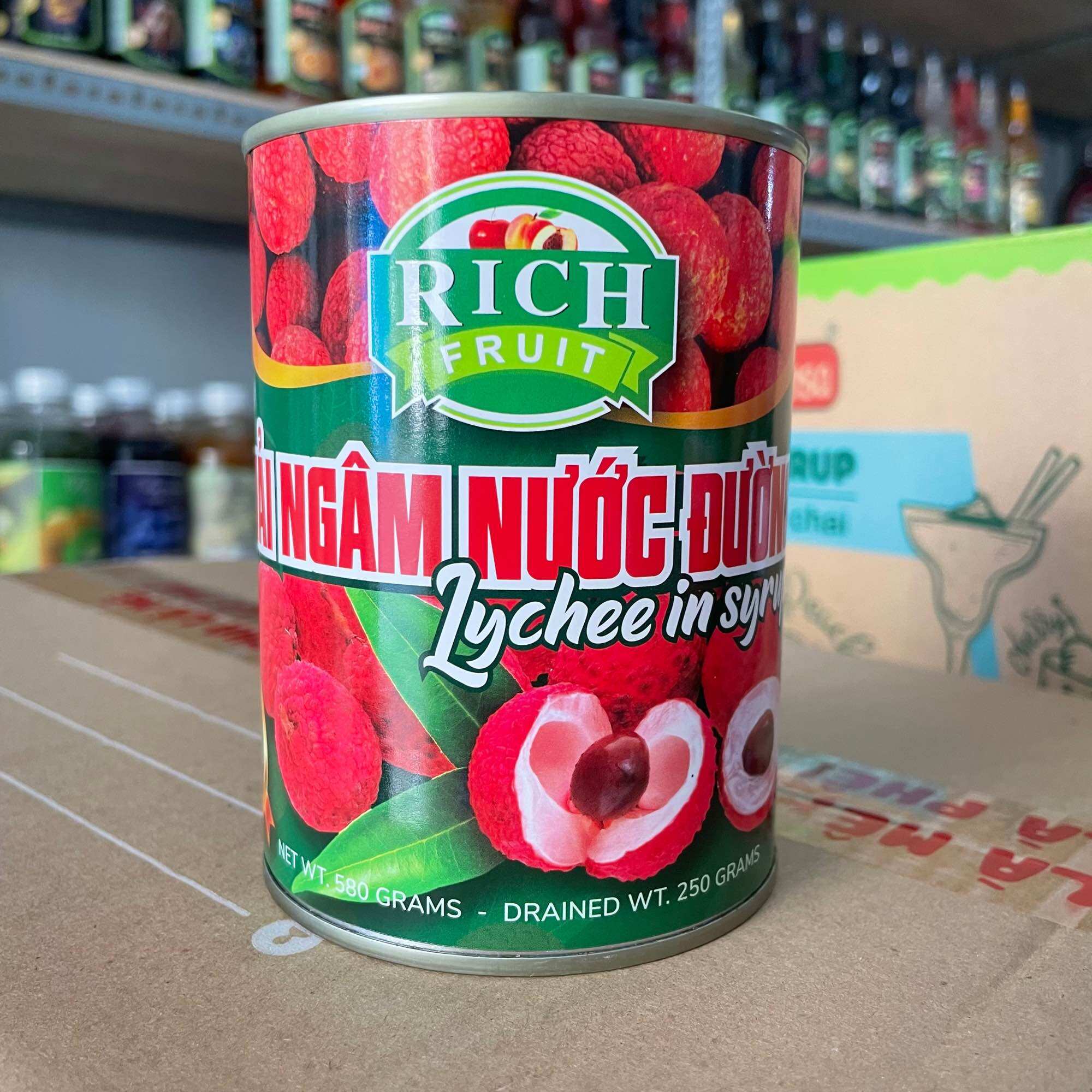 Vải thiều ngâm đường Rich hộp 565g- Trái vải tươi ngọt dịu