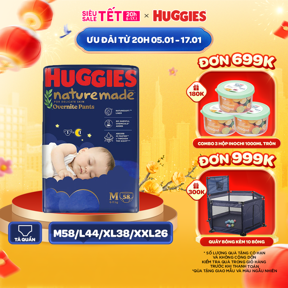 Tã quần Huggies Naturemade ban đêm M58/L44/XL38/XXL26