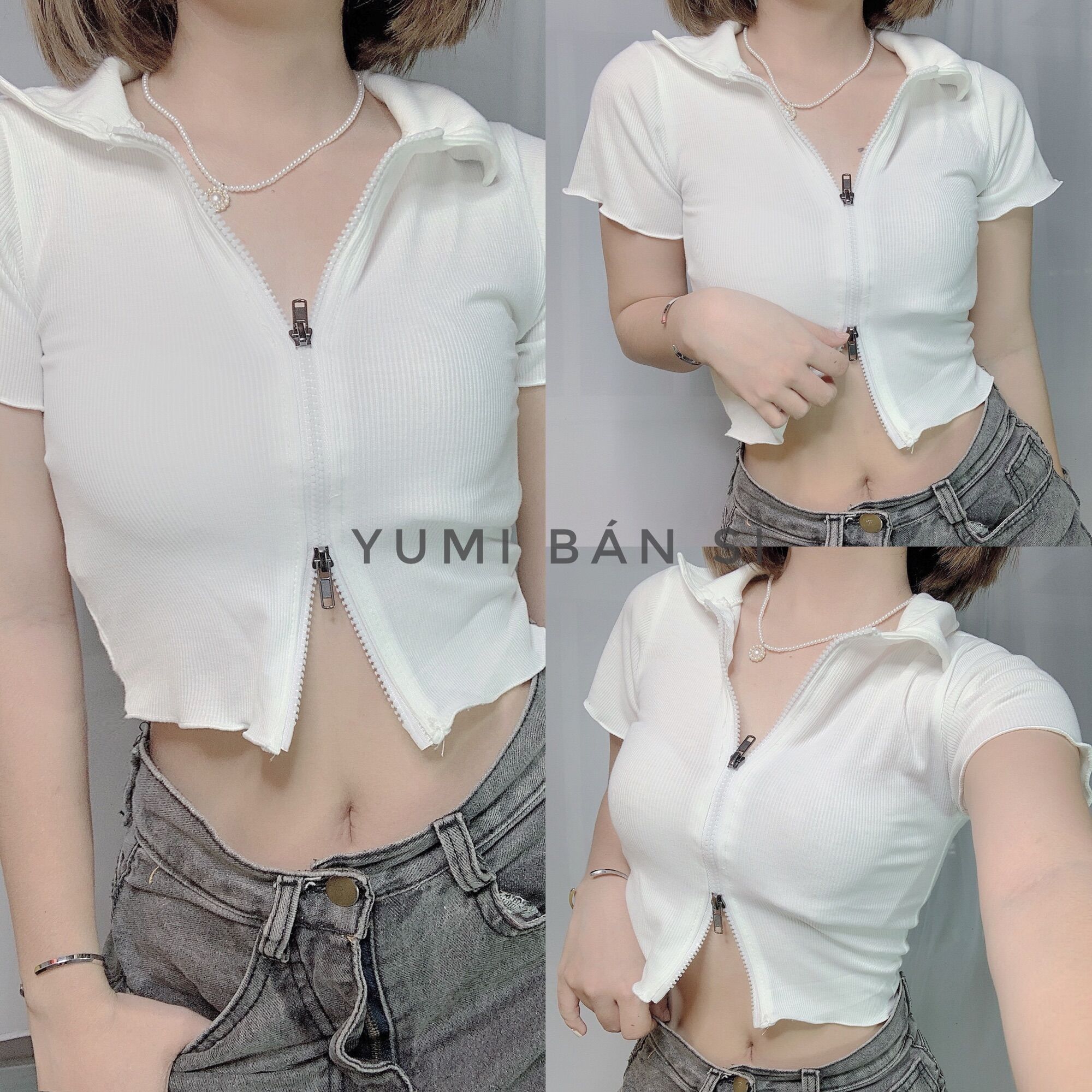 Áo croptop polo phối dây kéo siêu hot trendy chất thun dày dặn
