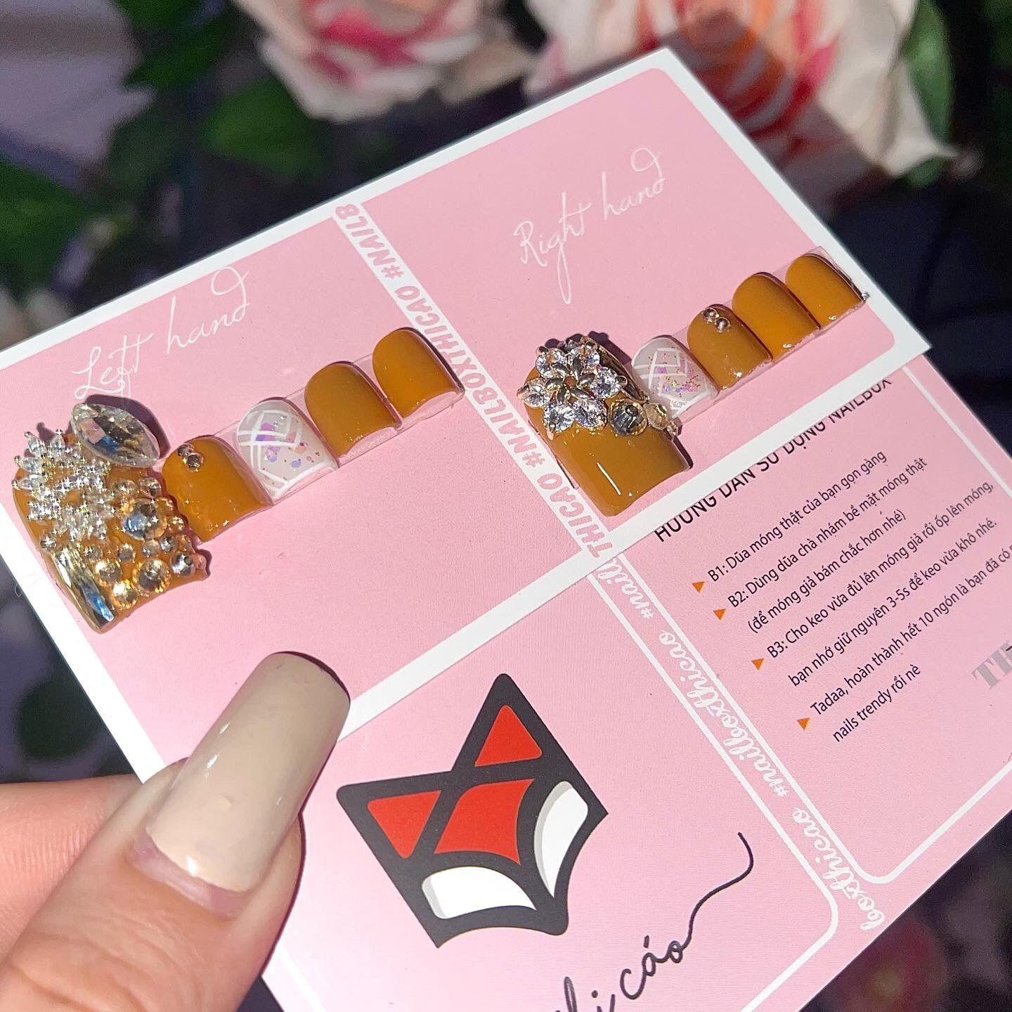 [Nails box] Móng chân giả đính đá nâu nhạt