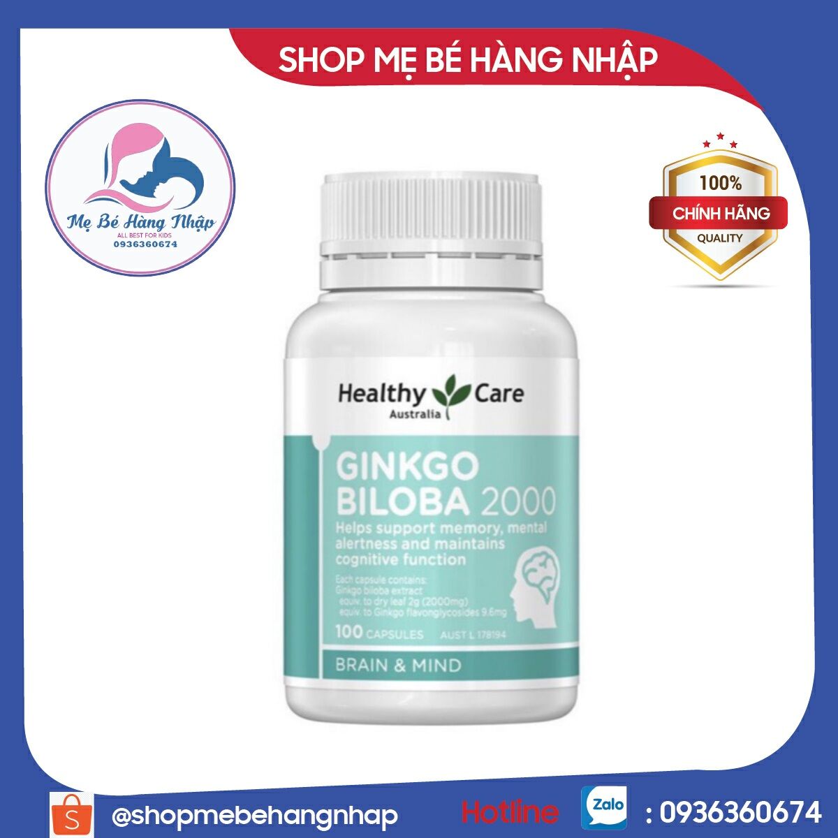 Viên uống Bổ não Healthy Care Ginkgo Biloba 2000mg của Úc 100 viên