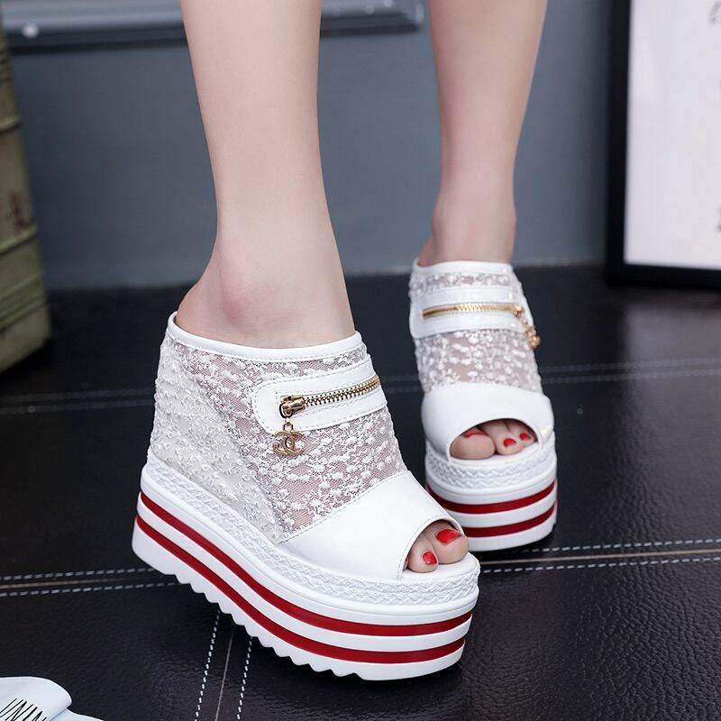 12cm Super High Heel Slippers Women's Summer Fashion Mesh Sandals Peep Toe Muffin Wedge Platform Leisure Sandals