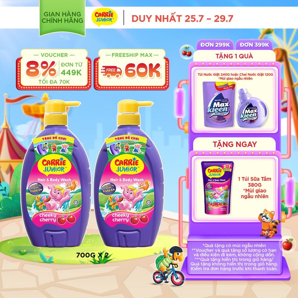 Combo 2 Sữa Tắm Gội cho bé Carrie Junior chiết xuất trái cây thiên nhiên Hương Cherry (700g/chai)