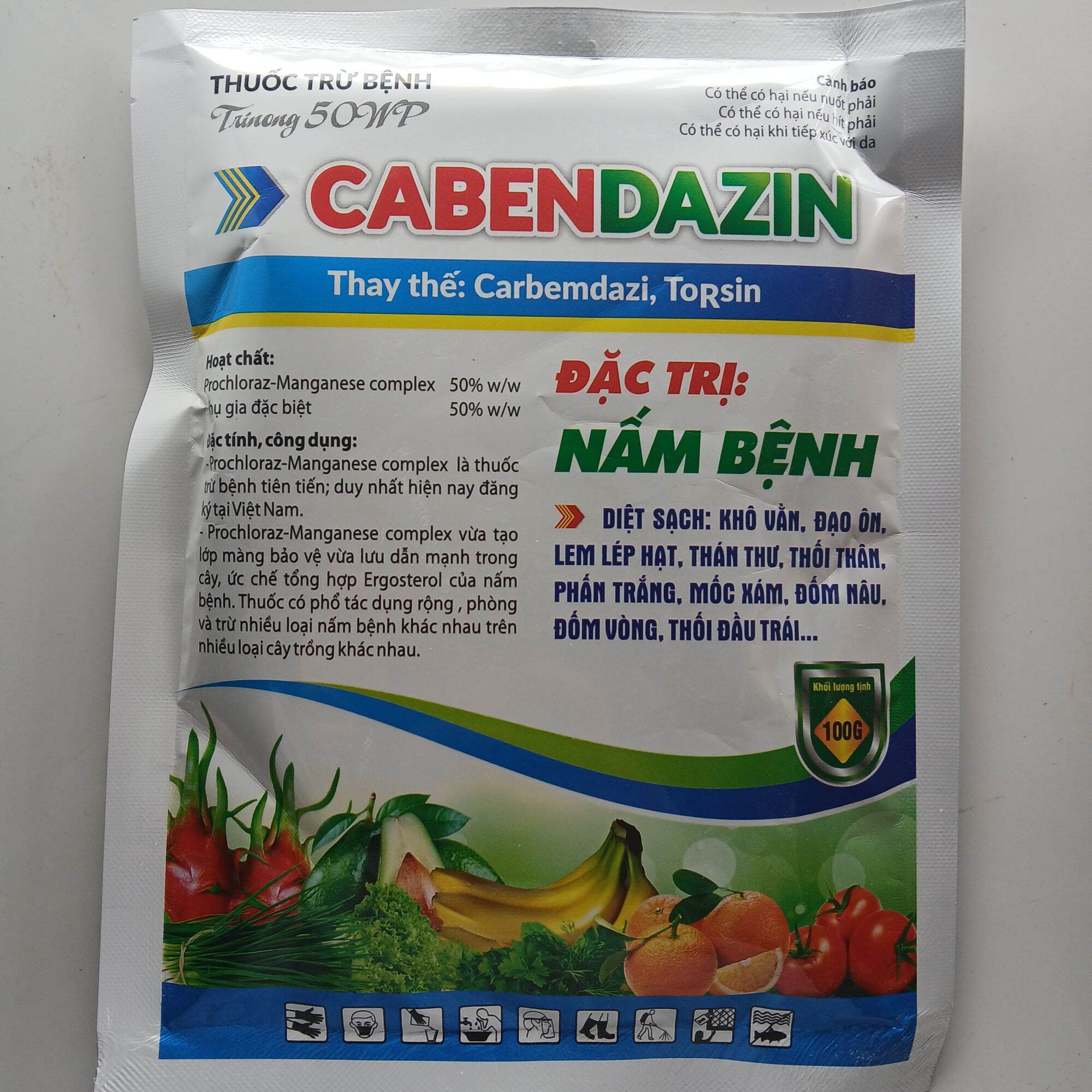 Chế phẩn trừ nấm bệnh CABENDAZIN thay thế chỗ carbemdazi , torsin, có tác dụng phòng trừ khô vằn, đạo ôn, lem lép, thán thư, thối thân, phấn trắng, mốc xám, đốm nâu,đốm vòng....Khối lượng 100gr.