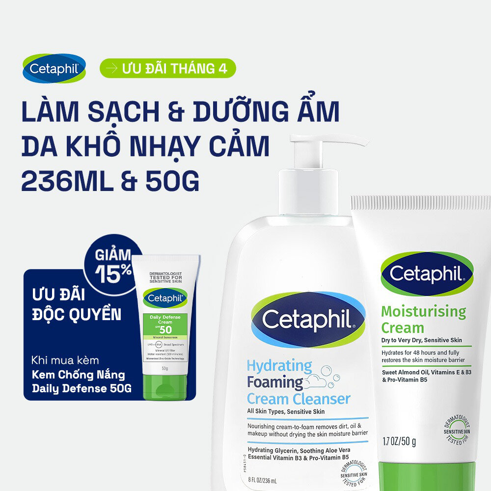 Combo Sữa Rửa Mặt Tạo Bọt Cetaphil Hydrating Foaming Cream Cleanser 236ml + Kem dưỡng ẩm CETAPHIL MOISTURISING CREAM 50G