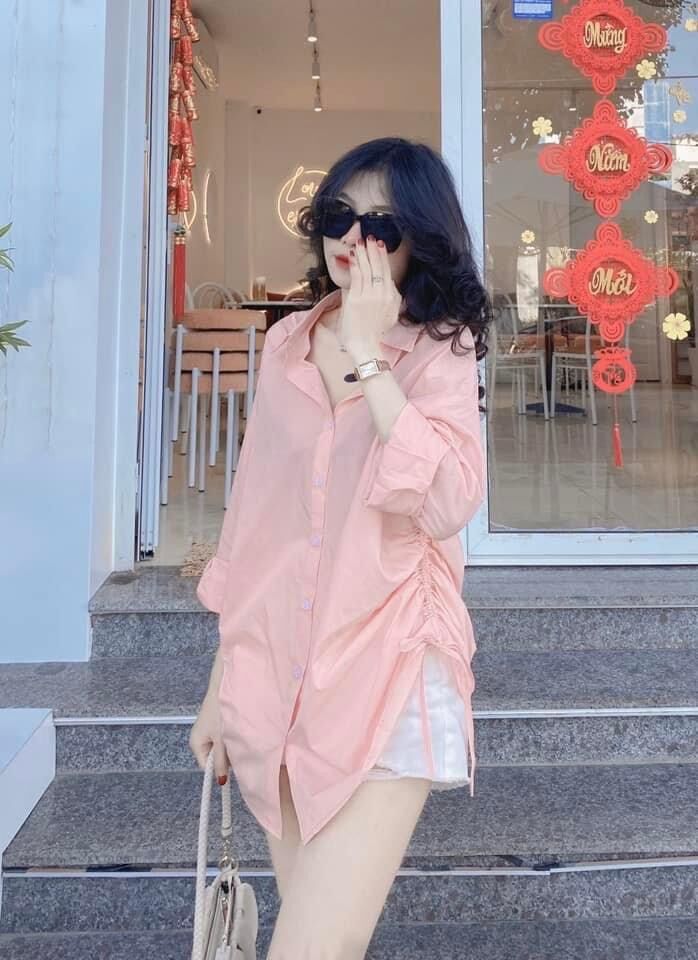 Áo sơ mi thụng hồng rút eo sẵn hàng hn