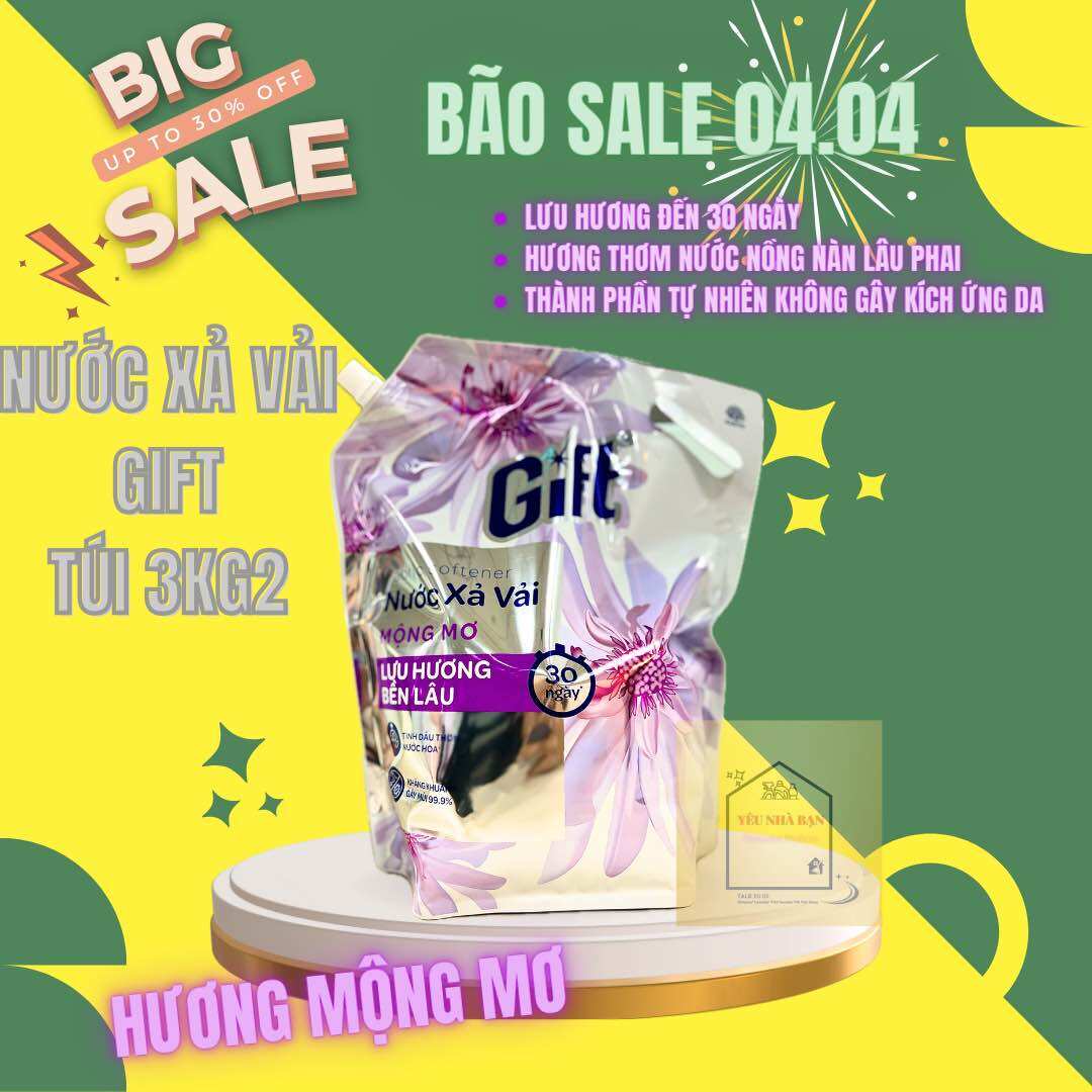 Nước xả vải Gift Mộng Mơ 3.2 kg Lưu hương bền lâu đến 30 ngày* Hương Mộng Mơ Dịu dàng quyến rũ An toàn dịu nhẹ