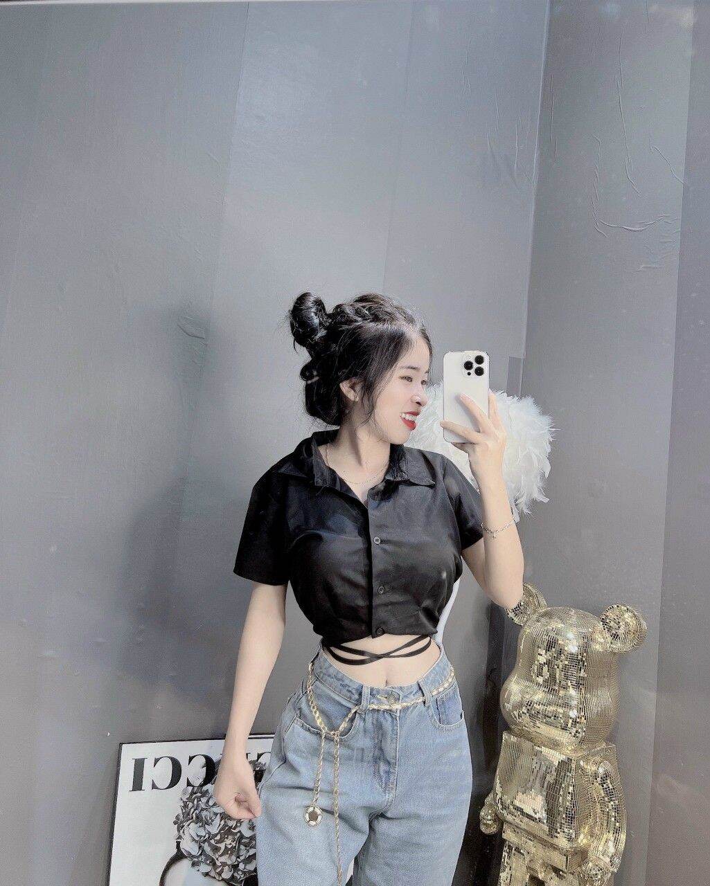 Áo sơ mi kiểu dây quấn eo form 45kg
