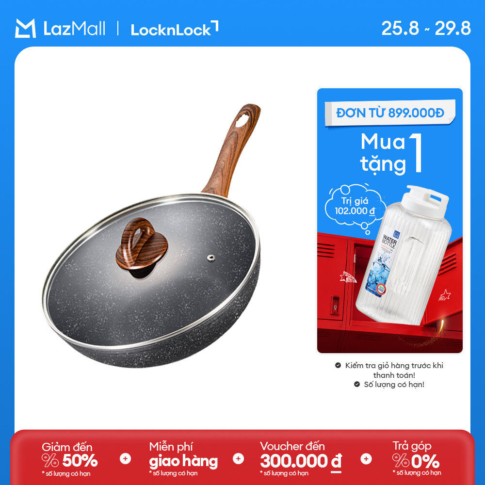 LBU1285 - Chảo nhôm sâu lòng chống dính Lock&Lock BAUM Marble 28cm, 1 tay cầm, nắp thủy tinh Dùng được bếp từ Hàng chính hãng