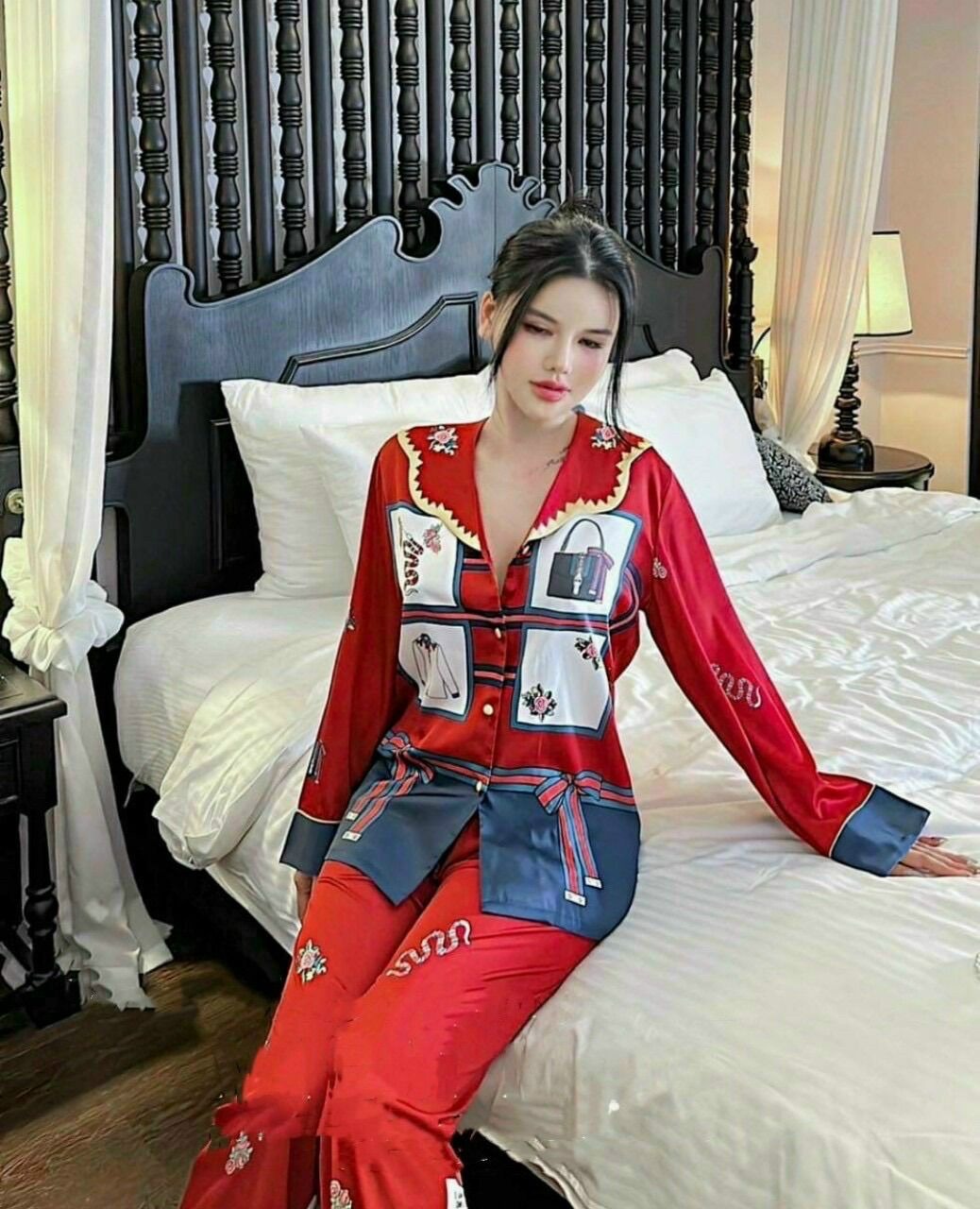 Bộ ngủ mặc nhà pijama satin lụa Quảng Châu cao cấp ta dài đỏ họa tiết