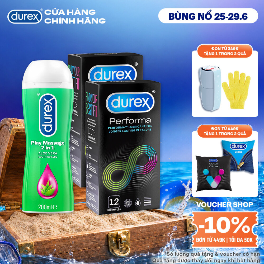 Bộ 2 hộp bao cao su Durex Performa kéo dài thời gian (size 52mm, 12 bao/hộp) và 1 chai gel bôi trơn Durex Massage 2n1 200ml