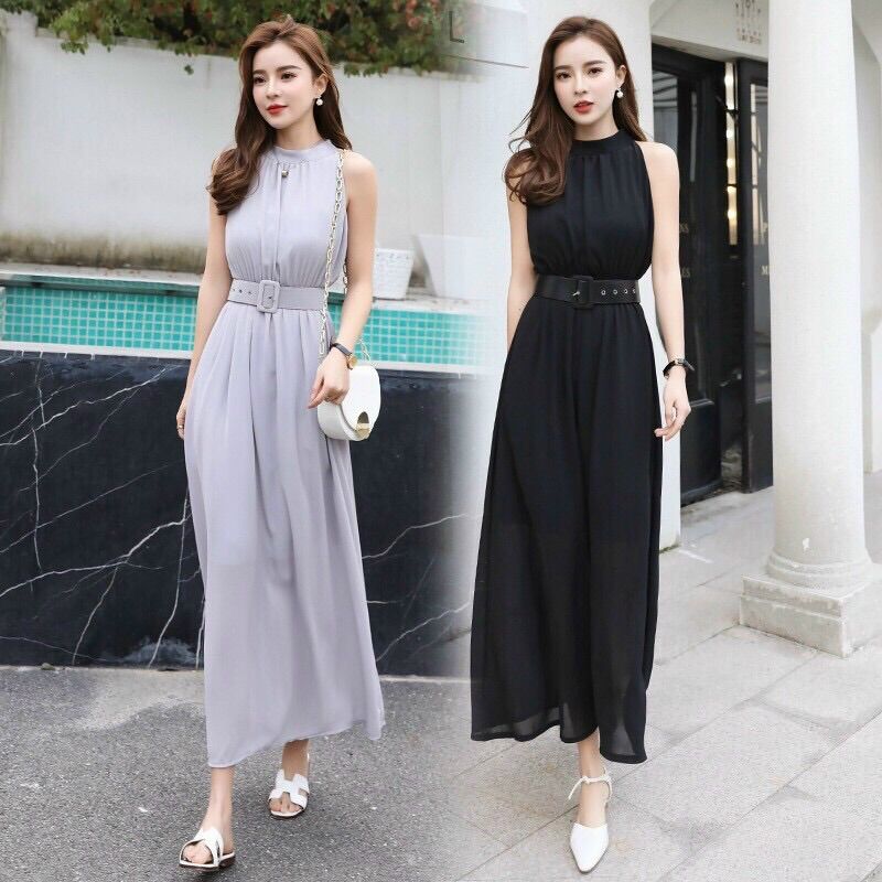 Đầm maxi cổ yếm đai eo