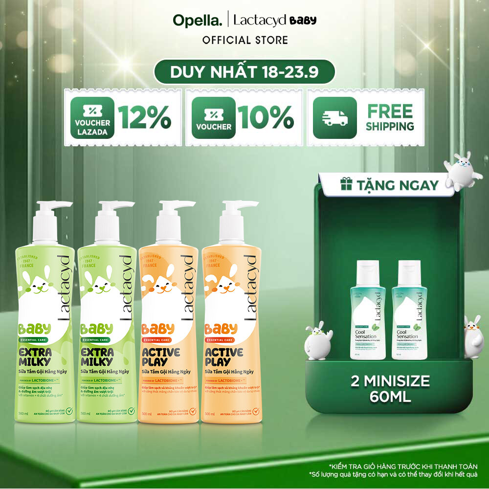 Bộ 2 Chai Sữa Tắm Gội Trẻ em Lactacyd Baby Active Play 500ml +2 Chai Lactacyd Baby Extra Milky 500ml