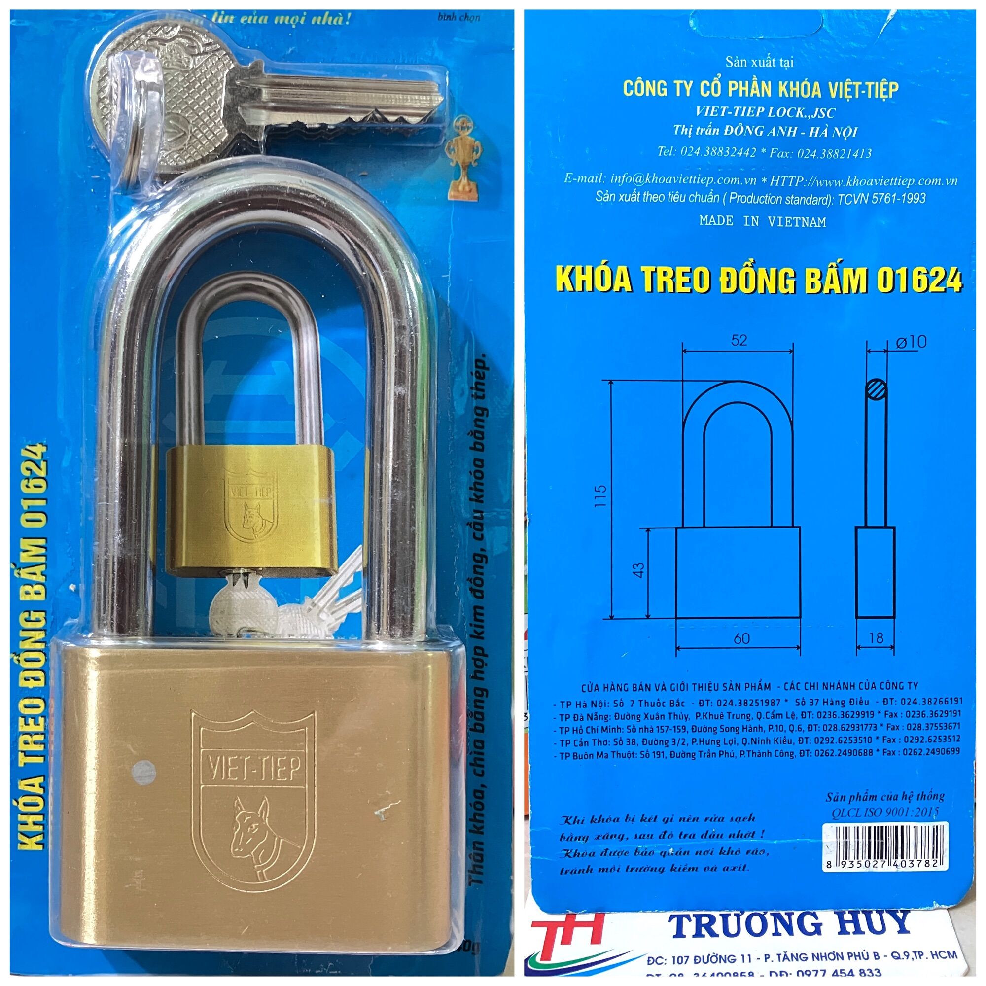 [chính hãng] khoá đồng bấm 'gọng dài' Việt Tiệp 01624