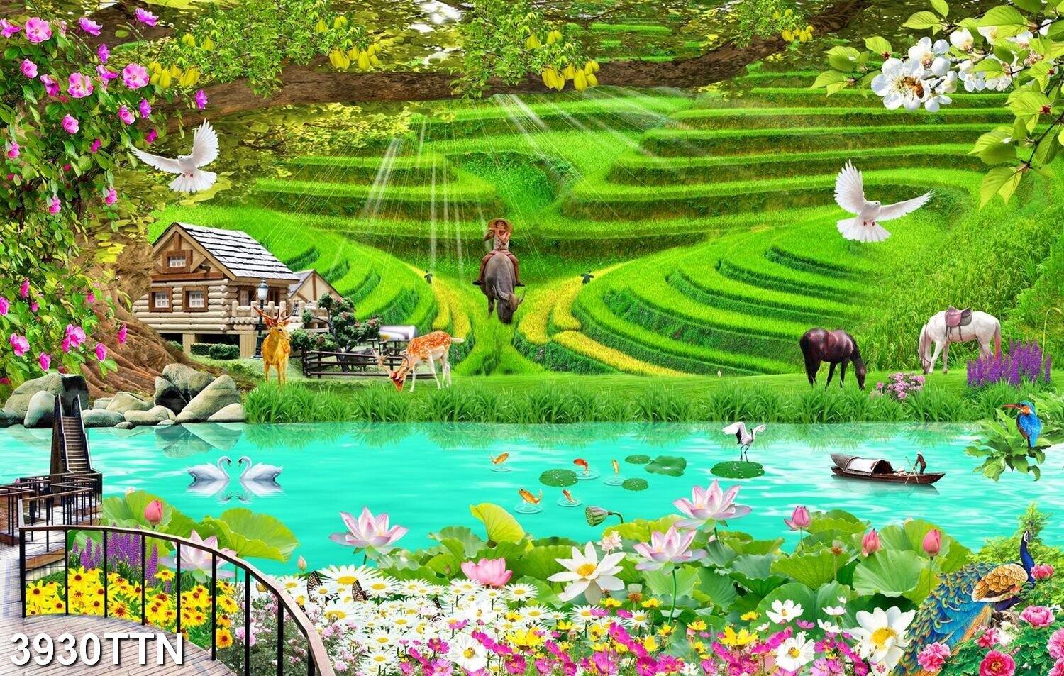 Tranh dán tường 3D Sơn Thủy Hữu Tình 3930TTN - Tranh Phong cảnh thác nước hòn non bộ - Tranh trang trí phòng khách